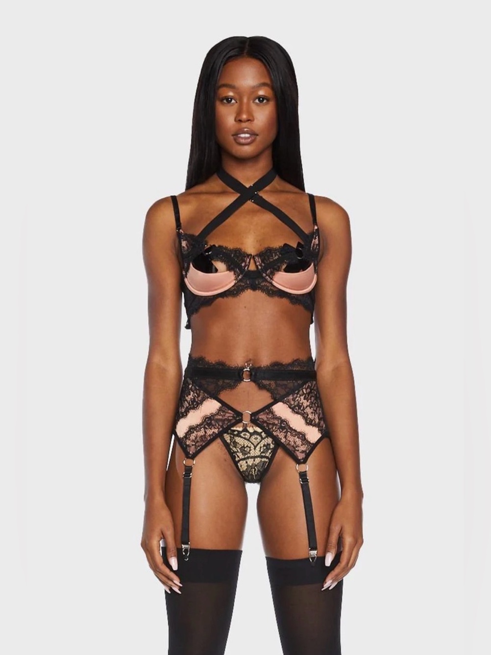 Thistle & Spire Narcissa 3 Piece Lingerie Set Black Peach XS